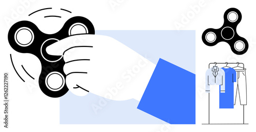 Hand spinning a black fidget spinner, another spinner on right, blue clothing items hanging on rack. Ideal for stress relief, toys, ADHD, focus, retail fashion relaxation. Line metaphor