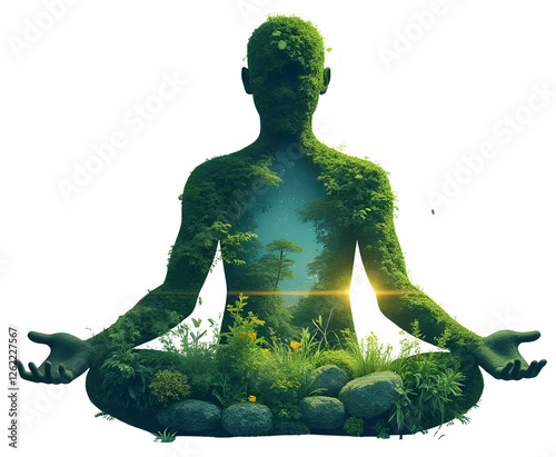 Artistic representation of environmental awareness with human silhouette composed of lush greenery and earth under starry sky. World Environment Day concept.on white background
