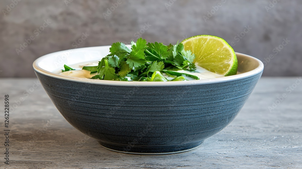 Creamy coconut soup with lime and cilantro in a gray bowl on a textured gray surface Creamy coconut soup with lime and cilantro in a gray bowl on a textured gray surface