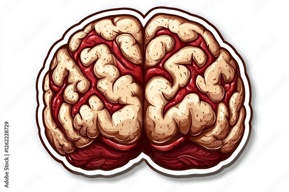 Obraz premium Detailed anatomical illustration of a human brain with vivid red and beige tones, emphasizing biological structure and cognitive networks in premium vector format