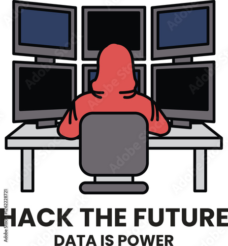 A man in a hoodie is hacking into a computer in the style of sign illustrations