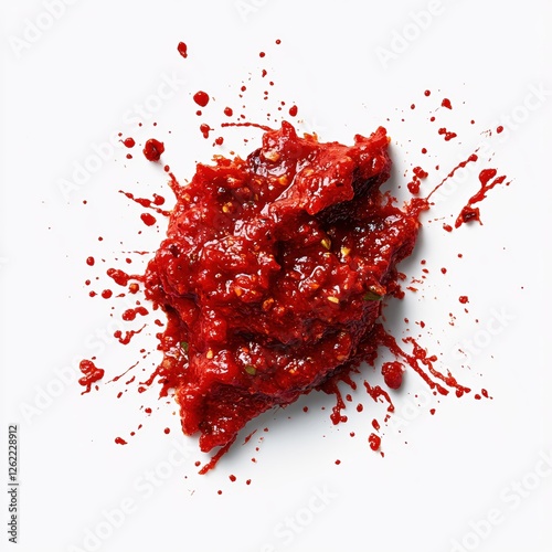 Vibrant splash of spicy gochujang paste on white background korean chili sauce ingredient