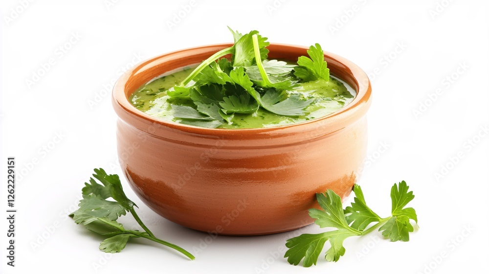 Vibrant green parsley soup in rustic terracotta bowl on white background fresh and natural