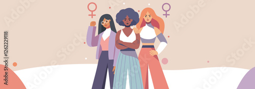 Feminist women of different skin colors stand together in protest. Equality day, women's day. Movements for gender equality and women's empowerment, illustration with space for text in soft pastel