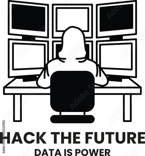 A man in a hoodie is hacking into a computer in the style of sign illustrations