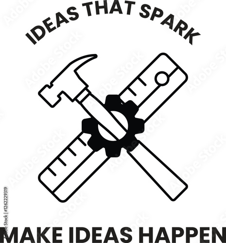 A hammer and a ruler are used to represent the idea of making ideas happen in the style of sign illustrations