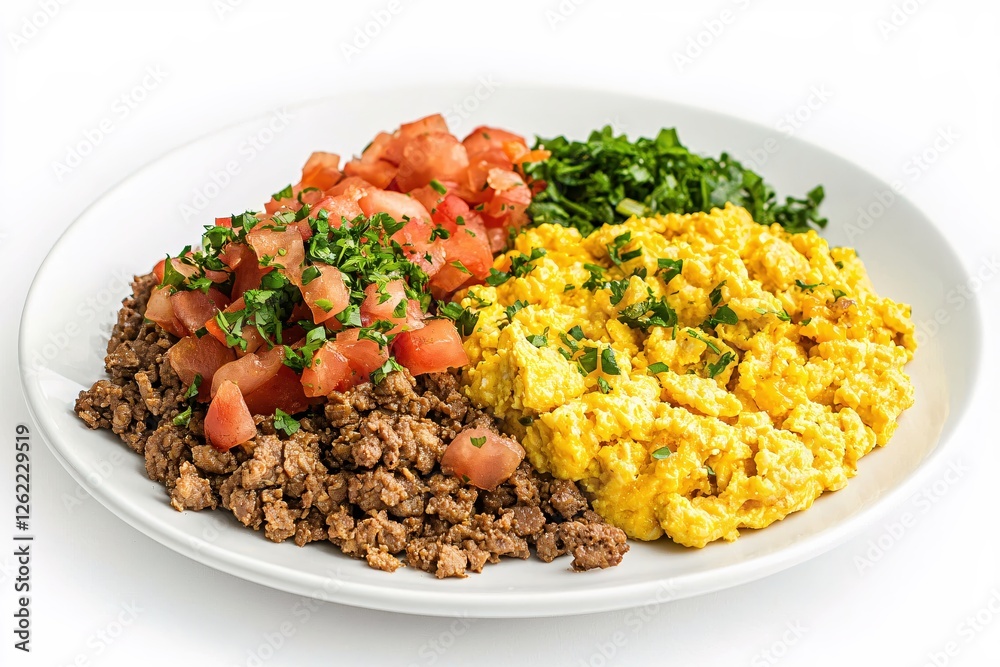 Delicious Breakfast Plate with Scrambled Eggs Ground Beef Diced Tomatoes and Fresh Green Herbs Delicious Breakfast Plate with Scrambled Eggs Ground Beef Diced Tomatoes and Fresh Green Herbs