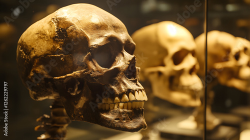 Skulls displayed in museum exhibit, showcasing human evolution and anatomy. lighting highlights intricate details of skulls, creating captivating atmosphere