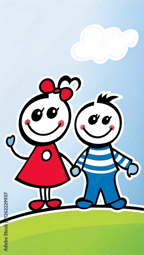a digital illustration of a young boy and girl a digital illustration of a young boy and girl