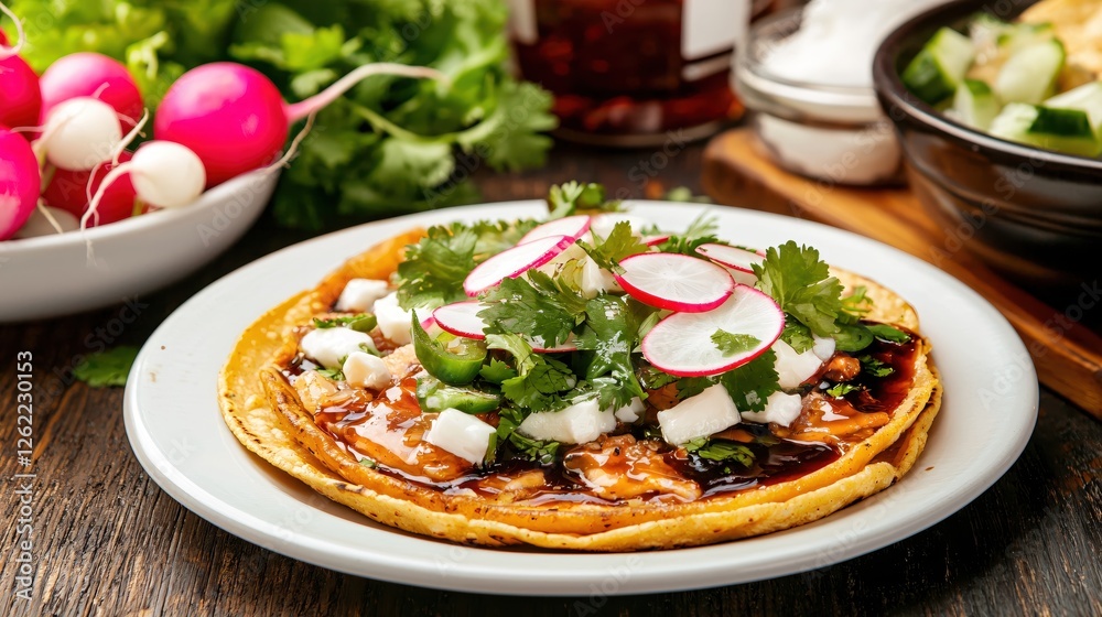 Delicious tostada with fresh radish cilantro and queso fresco on rustic wooden table Delicious tostada with fresh radish cilantro and queso fresco on rustic wooden table