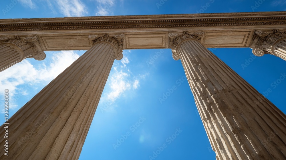 Fototapeta premium Ancient Greek columns, sunny sky, architectural detail, travel destination