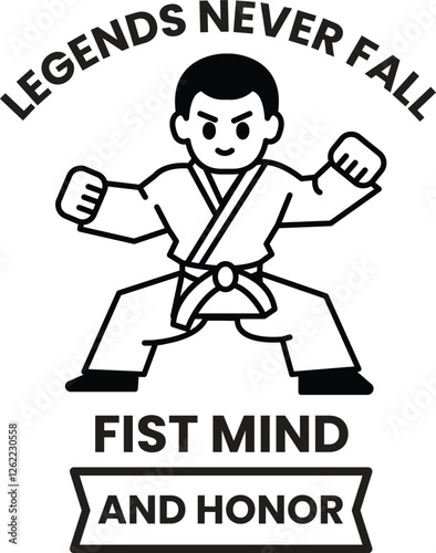 A cartoon of a man in a karate uniform with the word in the style of sign illustrations