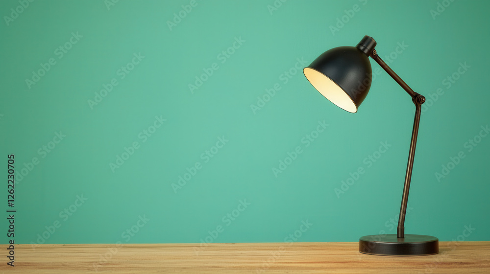 minimalist desk lamp made from upcycled metal, featuring sleek design and adjustable arm, illuminating wooden surface against vibrant green background minimalist desk lamp made from upcycled metal, featuring sleek design and adjustable arm, illuminating wooden surface against vibrant green background