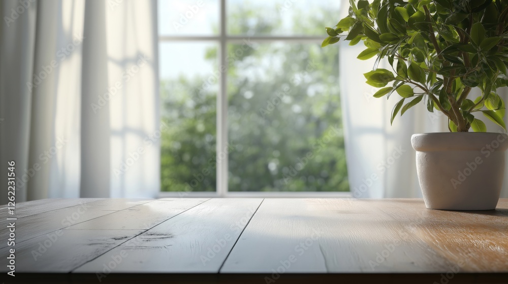 Fototapeta premium close-up of a wooden table top in front of a window with white curtains. The table top is empty and the background is blurred 2