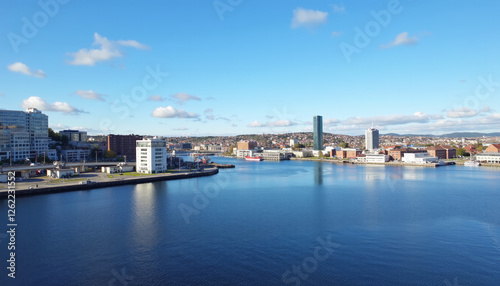 Coastal Cityscape with Modern Buildings and Harbor