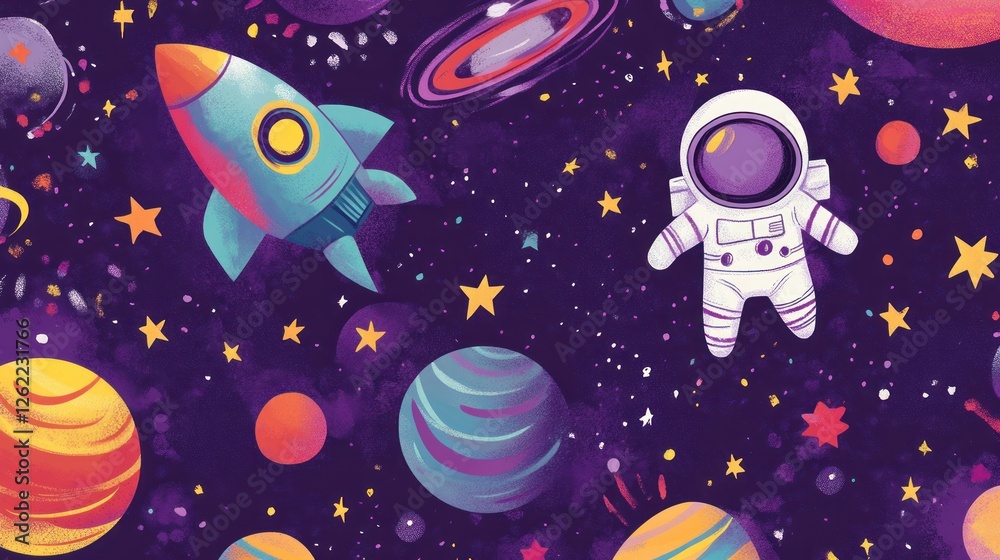 Cosmic Adventure: Astronaut and Rocket Soar Through Vibrant Nebula