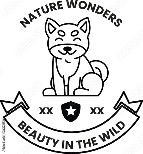 A cute dog is sitting on a banner in the style of sign illustrations