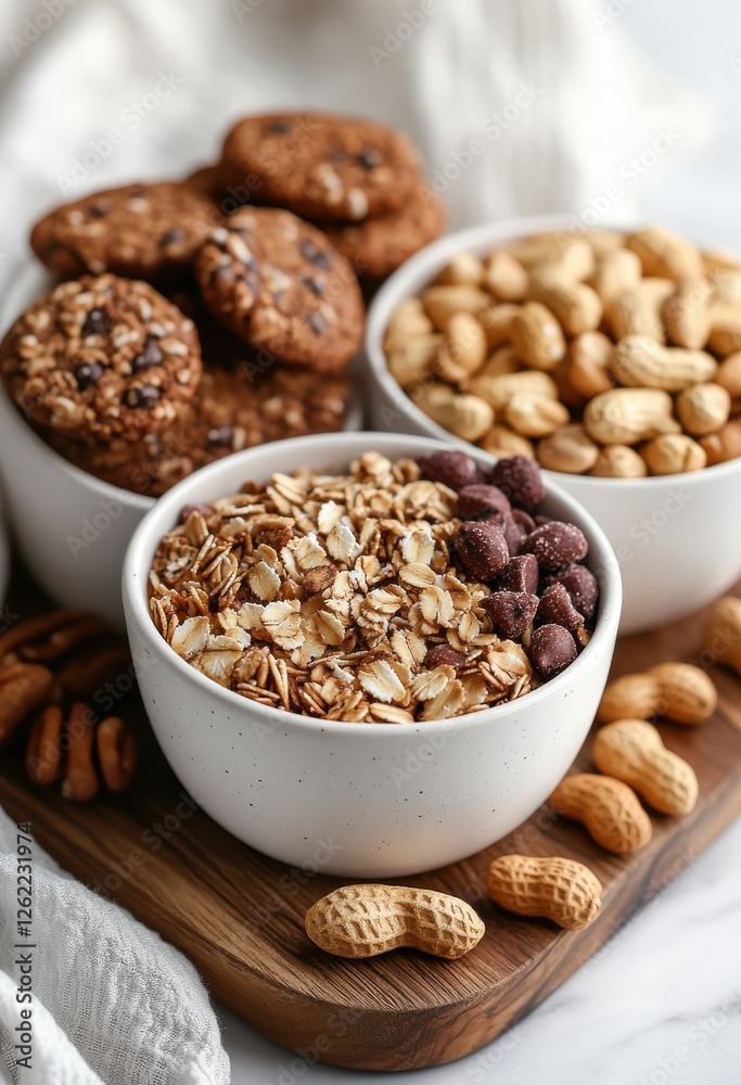 Assorted Healthy Snacks in Bowls with Oats, Nuts, and Cookies on a Wooden Board Surrounded by a Soft White Cloth Assorted Healthy Snacks in Bowls with Oats, Nuts, and Cookies on a Wooden Board Surrounded by a Soft White Cloth