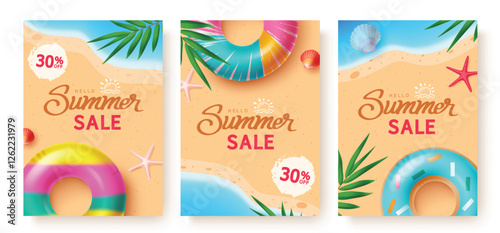 Summer sale on sand beach poster, Summer sale text with colorful floaters, sea shell, starfish and palm leaves, Vector illustration