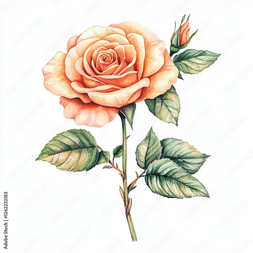 Obraz premium Watercolor Hand Drawn Rose and Leaves Clipart Botanical Illustration for Wedding Invitations and Romantic Designs
