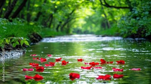 Red rose petals float gently on a tranquil forest stream