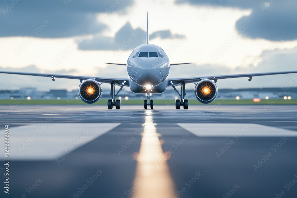 Obraz premium Airplane on runway during takeoff preparation in rainy weather, reflecting runway lights on wet surface, symbolizing aviation progress and travel readiness.