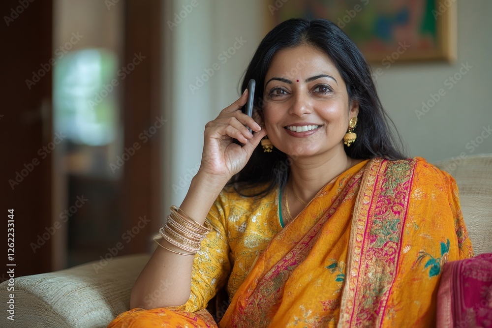 Smiling indian woman talking on cellphone, enjoying pleasant mobile conversation while resting on couch at home in living room, copy space, Generative AI Smiling indian woman talking on cellphone, enjoying pleasant mobile conversation while resting on couch at home in living room, copy space, Generative AI