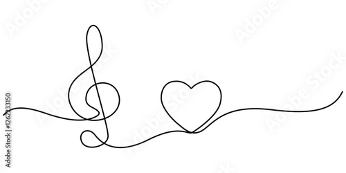 Abstract note as continuous lines drawing on white background. Vector, Continuous one line drawing. Heart and music note, Treble clef continuous one line drawing. Music note with love sign. Isolated. 