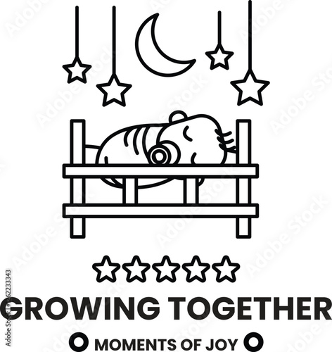 A baby is sleeping in a crib with a star above it in the style of sign illustrations