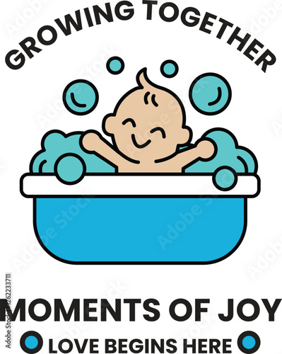 A baby is in a bathtub with bubbles in the style of sign illustrations