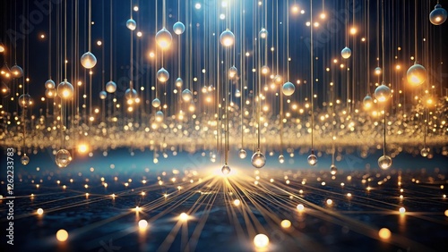 Illuminated spheres descend, connecting in a radiant network of light and energy. A mesmerizing display of glowing orbs and shimmering lines creates a scene of ethereal beauty and interconnectedness.