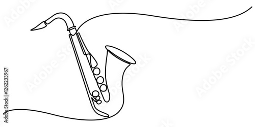 Continuous line art of  Saxophone. One line drawing abstract saxophone, One continuous line drawing of classical saxophone. Wind music instruments concept. Modern single line graphic draw design pro.