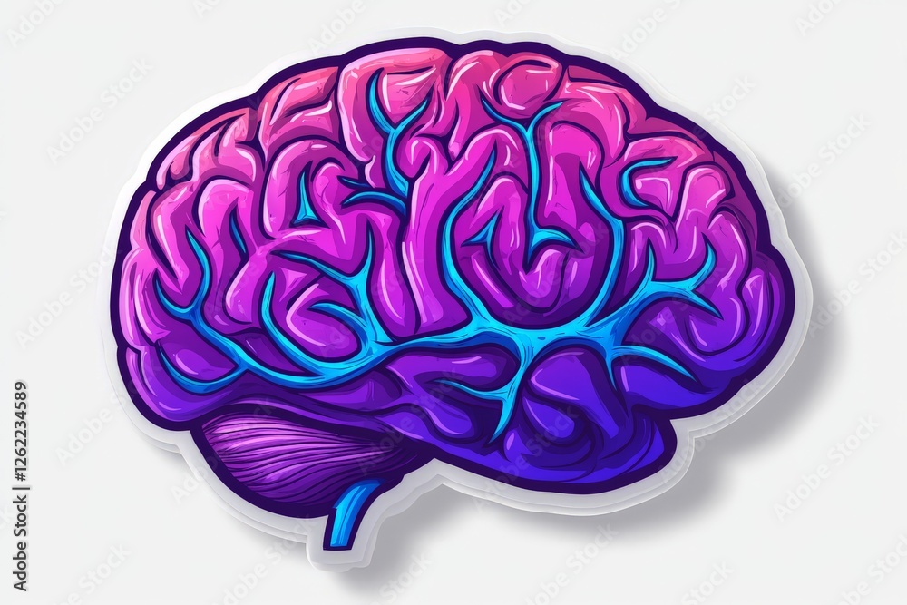 Obraz premium Detailed vibrant brain illustration in purple and pink tones, showcasing complex neural structures, cognitive science concepts, and modern graphic design