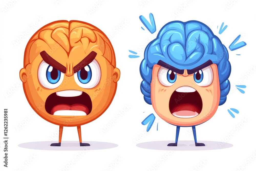 Playful cartoon style illustration of two expressive emoji like brains in conflict, symbolizing emotional struggles, cognitive dissonance, and humor in neural dynamics Playful cartoon style illustration of two expressive emoji like brains in conflict, symbolizing emotional struggles, cognitive dissonance, and humor in neural dynamics