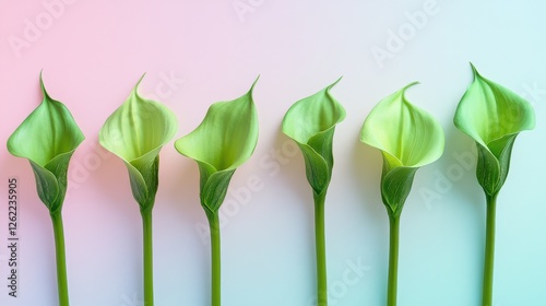 A row of green flowers with a blue background