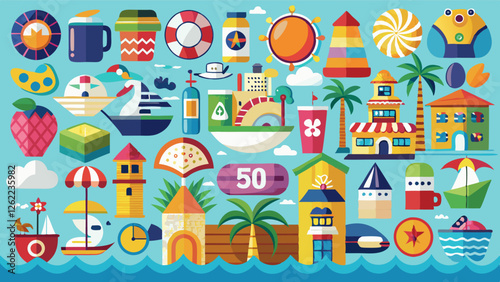 A lively and colorful summer-themed illustration brimming with tropical fruits, beach accessories, and nautical symbols, encapsulating the joyful essence of vacation vibes and seaside adventures