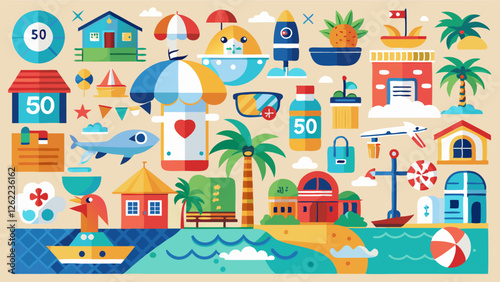 the essence of a tropical vacation with colorful beach houses, palm trees, nautical elements, and summer accessories, evoking a sense of fun and relaxation