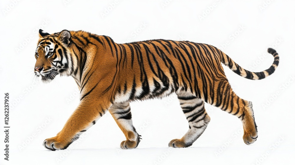 Obraz premium Majestic Tiger Walking Gracefully Against Plain White Background