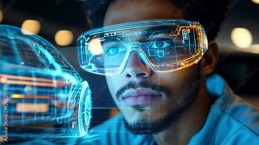 Vision of Innovation: A focused individual, wearing futuristic augmented reality glasses, meticulously examines a holographic car model, embodying the forefront of automotive design and engineering. Vision of Innovation: A focused individual, wearing futuristic augmented reality glasses, meticulously examines a holographic car model, embodying the forefront of automotive design and engineering.