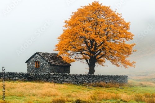 A small stone house in the Lake District, England. The tree is orange and yellow with autumn leaves on it.