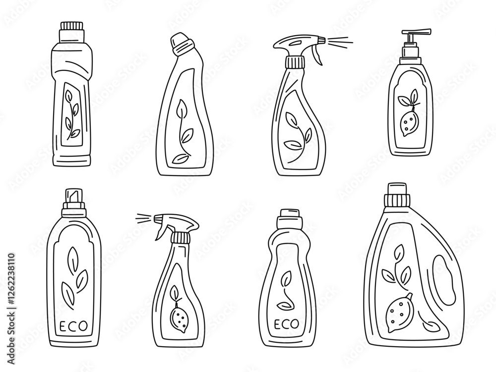 Fototapeta premium Set of Bottles and canisters of Eco-friendly Green detergent product for different surfaces in kitchen, bathroom and other rooms. Spring cleaning. Zero waste lifestyle, Green home concept