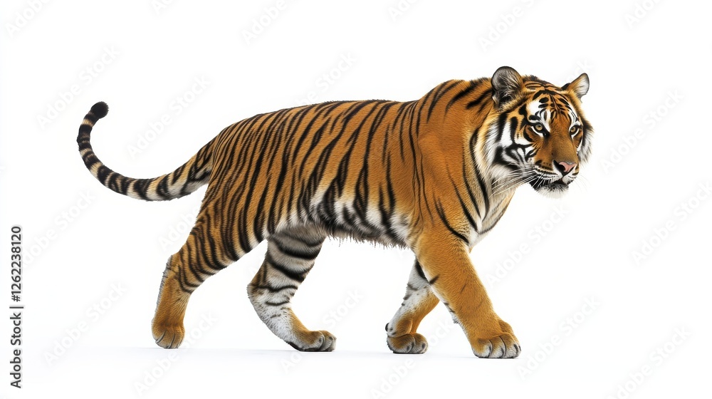 Obraz premium Majestic Tiger Walking Gracefully on a White Background