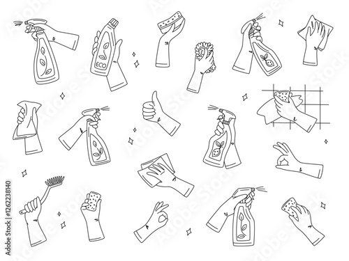 Collection of hands wearing protective rubber gloves and holding cleaning supplies. Sponge, eco detergent spray bottle, brush. Home cleanup housekeeping cleaners. Spring cleaning. Green home concept.