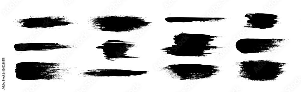Black paint brushes set isolated on white background. Vector realistic illustration of abstract ink strokes, grungy scratch on surface, color smears, brushstroke lines, dirty stain with splatters