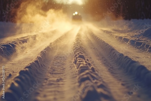 A snow-covered ground with a car driving on it, leaving behind long tracks of snow in its wake.