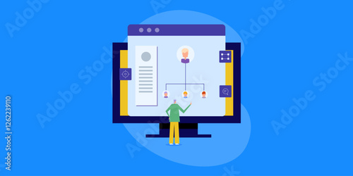 Business person with virtual team management software, organise company human resources workflow and communication concept.