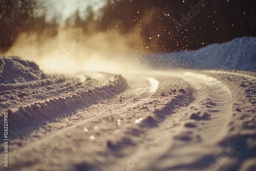 A snow-covered ground with a car driving on it, leaving behind long tracks of snow in its wake.