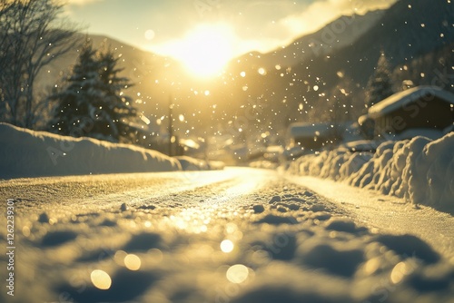 A snow-covered ground with a car driving on it, leaving behind long tracks of snow in its wake.