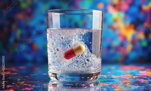 Red and yellow capsule dissolving in water