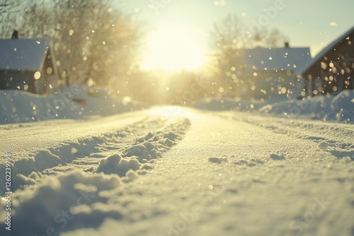 A snow-covered ground with a car driving on it, leaving behind long tracks of snow in its wake.